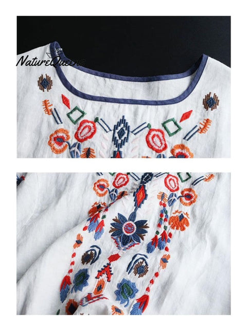 Women's Retro Ethnic Embroidered Style Loose Casual Cotton And Linen Shirt