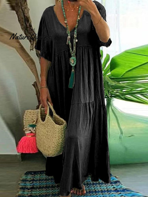 Women's Loose Stylish Solid Color V-neck Irregular Cotton Long Dress