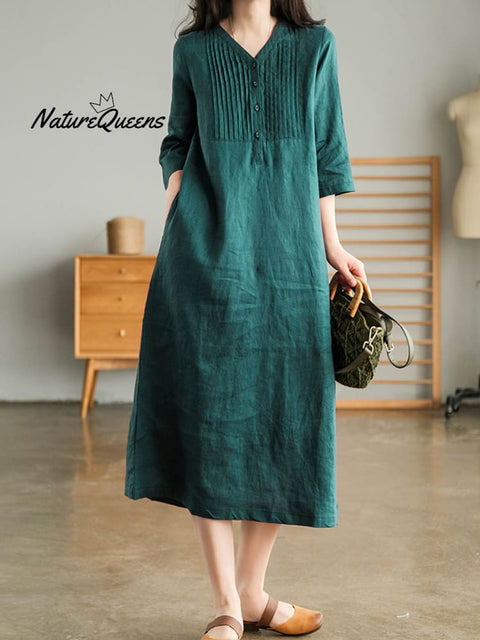 Women's Solid Color Loose Stylish Casual V-neck Long Dress