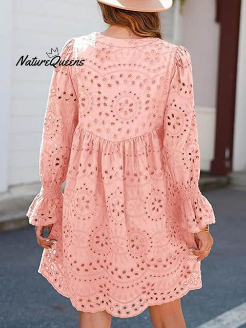 Women's Fringed V-neck Long-sleeve Hollow Lace Stylish Solid Color Cotton Dress