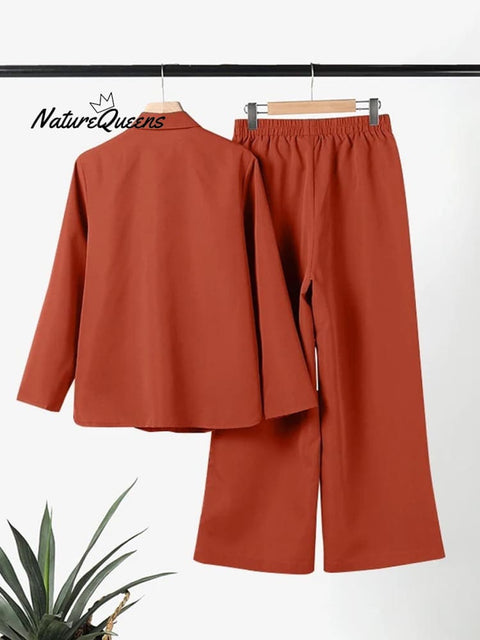 Women's Solid Color Casual Loose Long Sleeve Shirt Wide Leg Pants Two-piece Suit