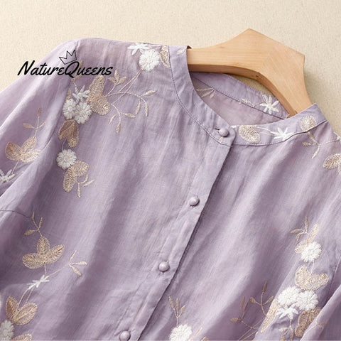 Women's Retro Floral Embroidered Style Art Loose Casual Shirt