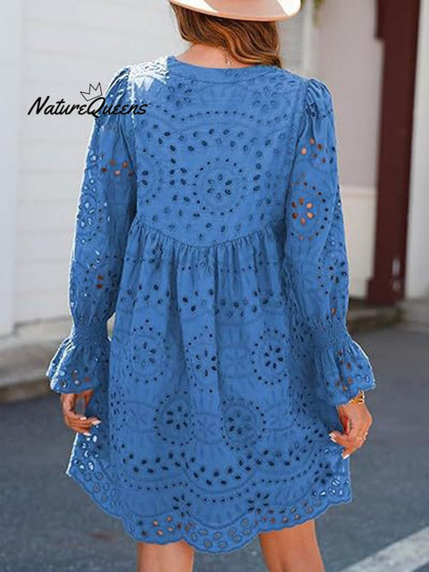 Women's Fringed V-neck Long-sleeve Hollow Lace Stylish Solid Color Cotton Dress