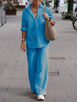 Women's Solid Color Casual Loose Long Sleeve Shirt Wide Leg Pants Two-piece Suit