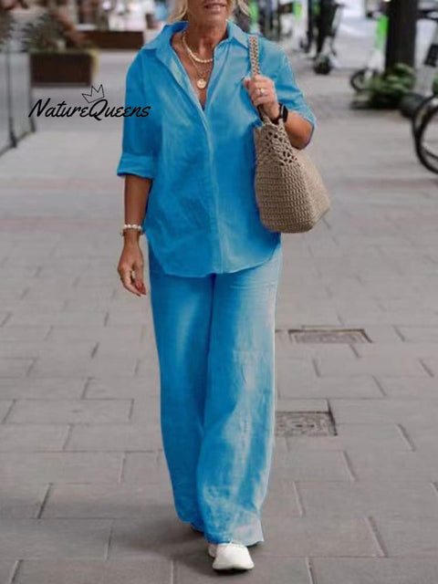 Women's Solid Color Casual Loose Long Sleeve Shirt Wide Leg Pants Two-piece Suit