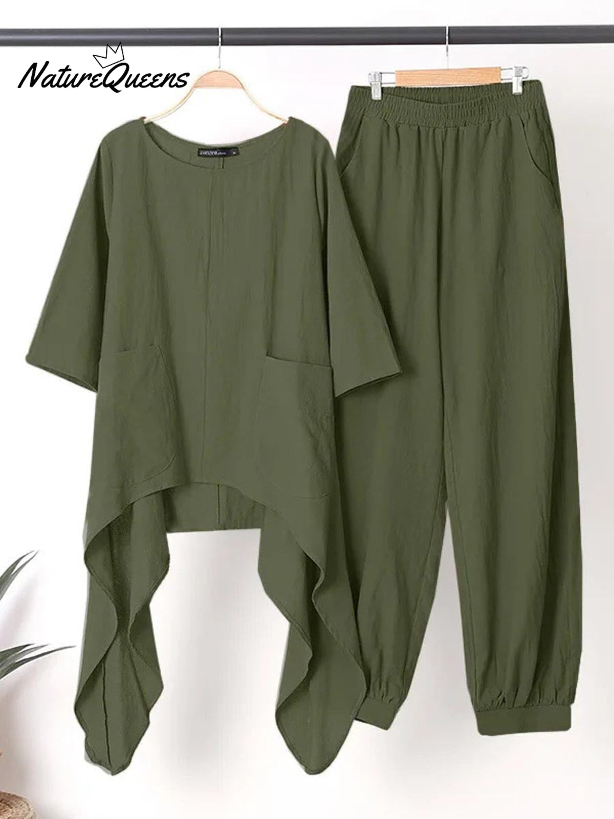 Women's Solid Color Casual Elegant Stylish Irregular hem Skirt Loose Pants Two Piece Suit