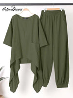 Women's Solid Color Casual Elegant Stylish Irregular hem Skirt Loose Pants Two Piece Suit