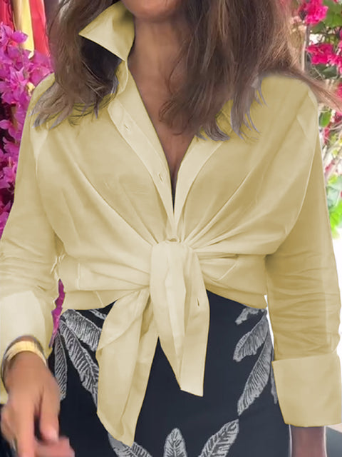 Women's Waist Tie Cotton and Linen Shirt