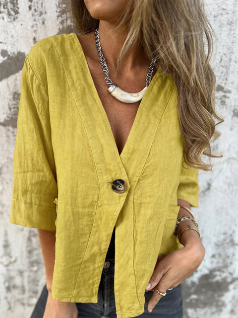 Women's V-neck Button-down Linen Jacket