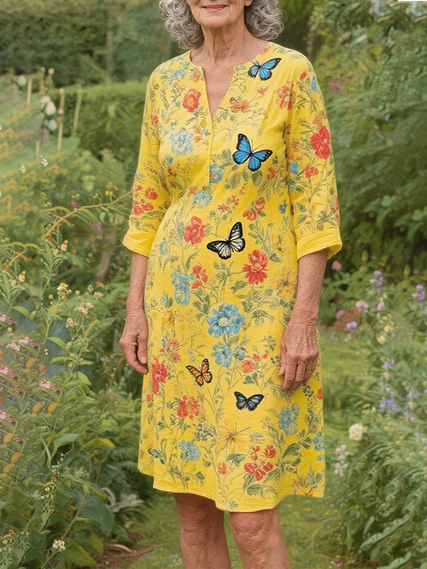 Flower and Butterfly Cotton and Linen Dress