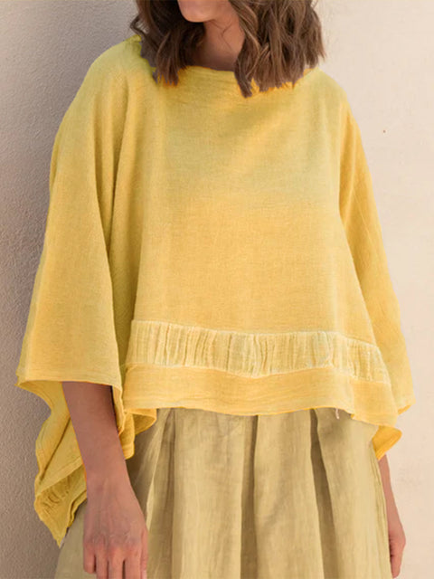 Batwing Sleeve Boat Neck Cotton and Linen Top