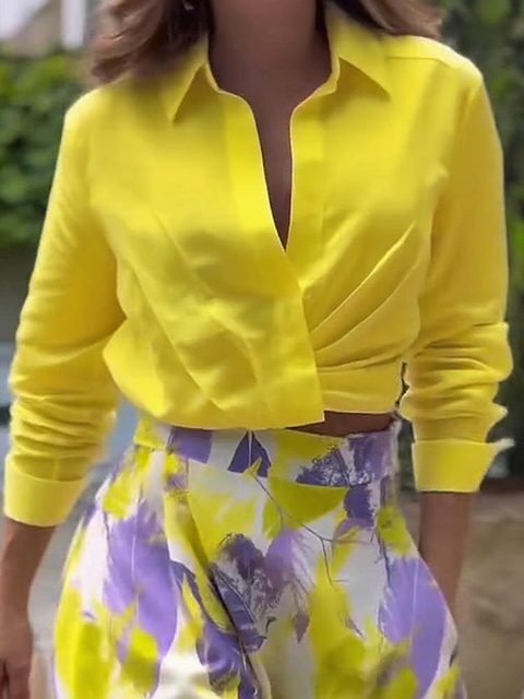 Women's V-neck Pleated Cotton and Linen Shirt