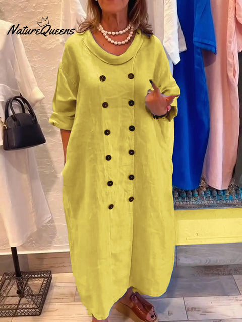 Women's Loose Button Cotton and Linen Dress