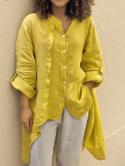 Irregular Hem Cotton and Linen Long-sleeved Top