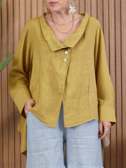 Lapel Buttoned Irregular Hem Linen Top