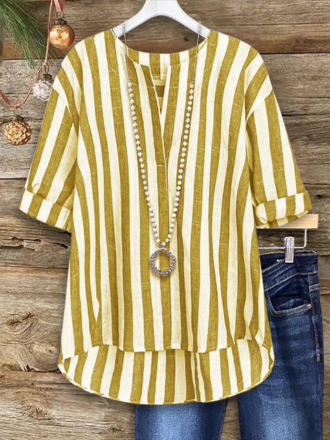 Women's Two-tone Striped Cotton and Linen Top