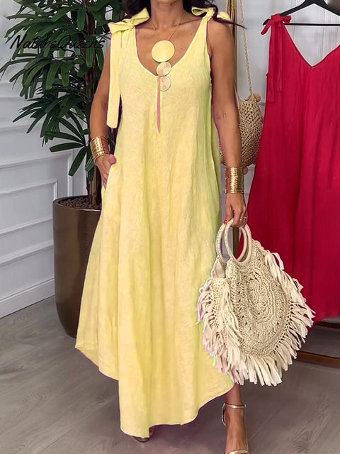 Tie-strap Bow Cotton and Linen Dress