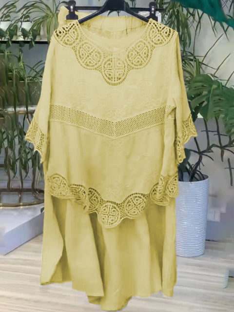 Women's Lace Linen Shirt and Pants Two Piece Set