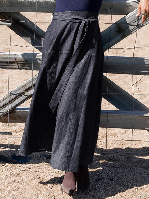 Classic Tie-Drape A-Line Denim Skirt