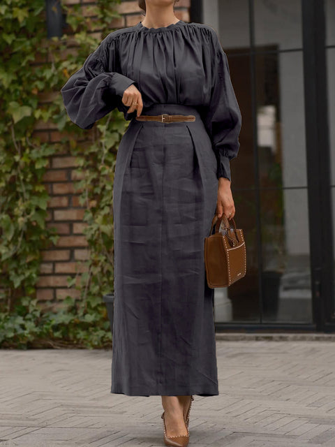 Pleated High Collar Shirt and Skirt Linen Two-piece Suit