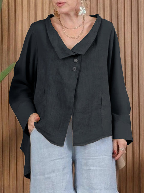 Lapel Buttoned Irregular Hem Linen Top