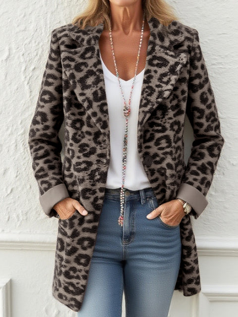 Animal Print Cuffs Color-block Woolen Coat