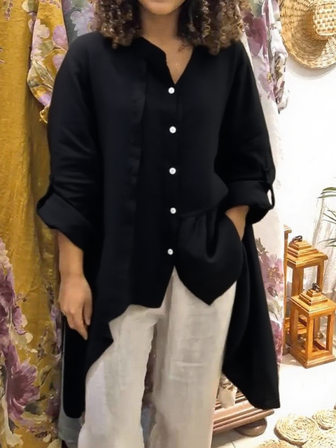 Irregular Hem Cotton and Linen Long-sleeved Top