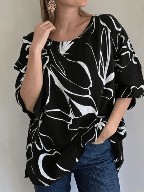 Flower Bloom Cotton and Linen Long-Sleeved Top
