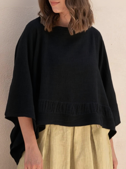 Batwing Sleeve Boat Neck Cotton and Linen Top