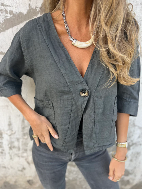 Women's V-neck Button-down Linen Jacket