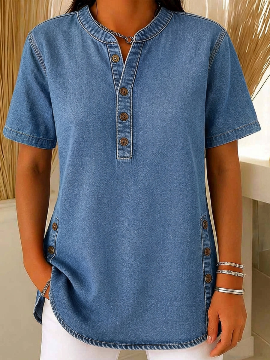 Women's V-neck short-sleeved Casual Button-up Loose Denim Top
