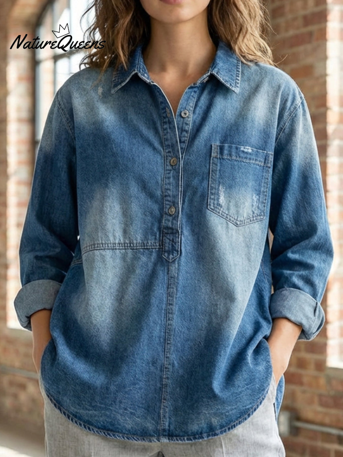 Women's Lapel Neck Casual Solid Colour Cotton Long Sleeve Shirt