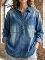 Women's Lapel Neck Casual Solid Colour Cotton Long Sleeve Shirt