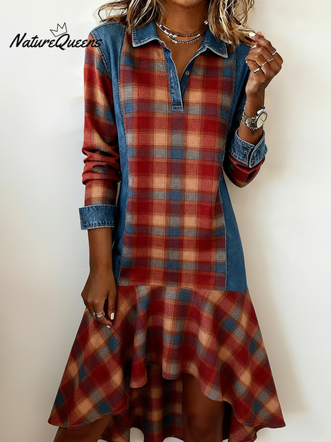 Denim Patchwork Plaid Print Ruffle Hem Midi Dress