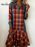Denim Patchwork Plaid Print Ruffle Hem Midi Dress