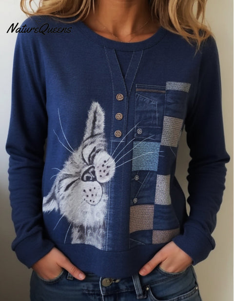 Funny Cat Print Patchwork Cotton Crew Neck Top