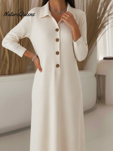 Women's Casual Polo Collar Button Corduroy Midi Dress
