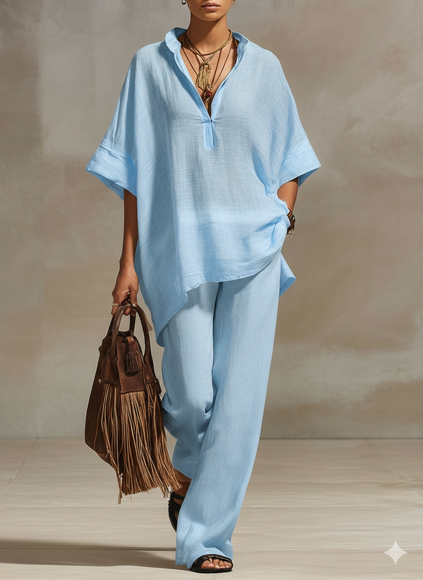 Casual Retro White Cotton And Linen Short-sleeved Top And Wide-leg Pants Set