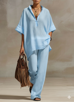 Casual Retro White Cotton And Linen Short-sleeved Top And Wide-leg Pants Set