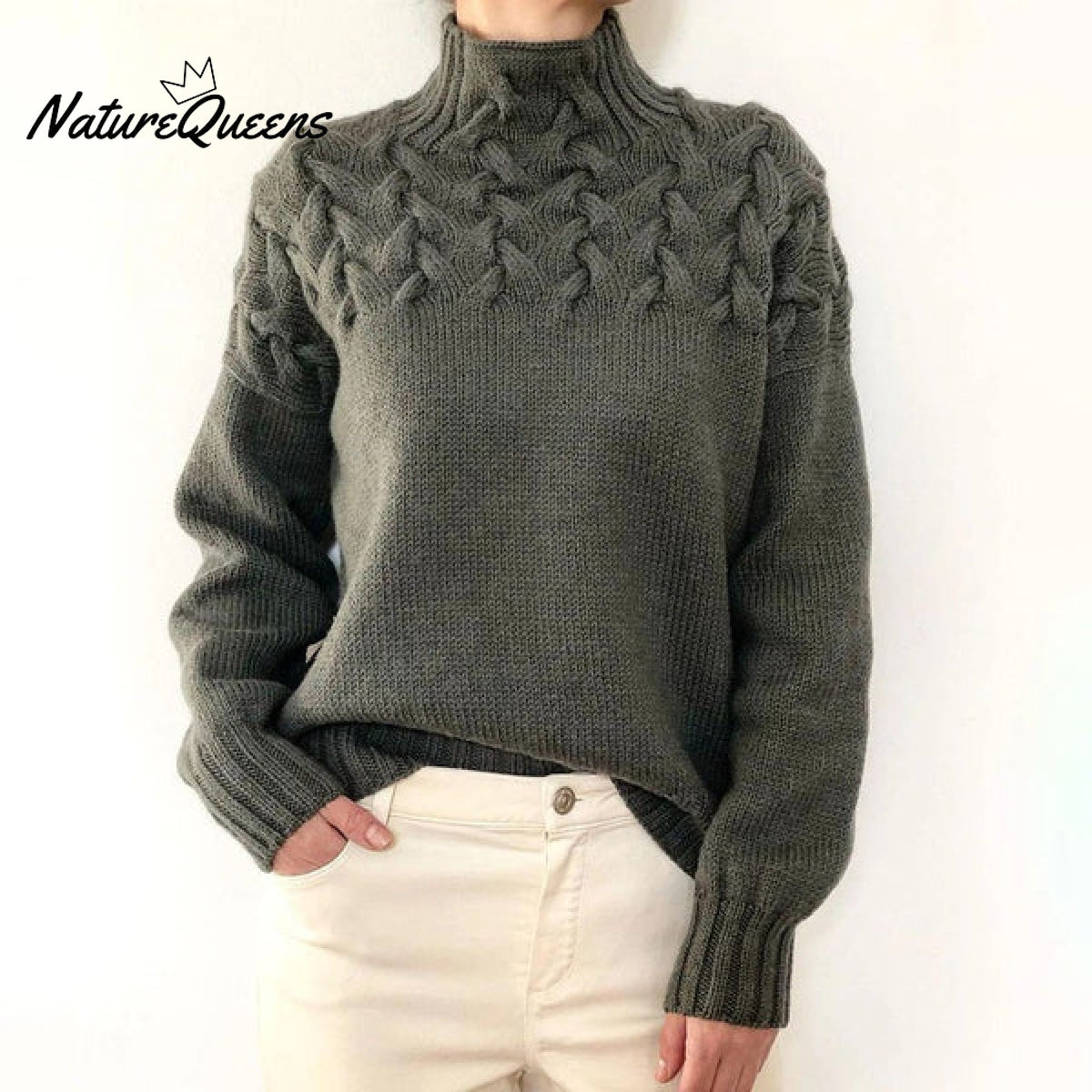 Women’s Braided High-Neck Warm Knit Sweater