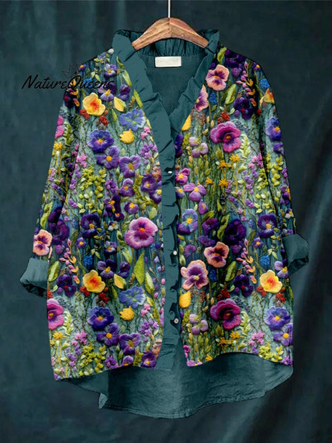 Elegant Violet Wildflower Embroidery Art Ruffle Trim Linen Blouse