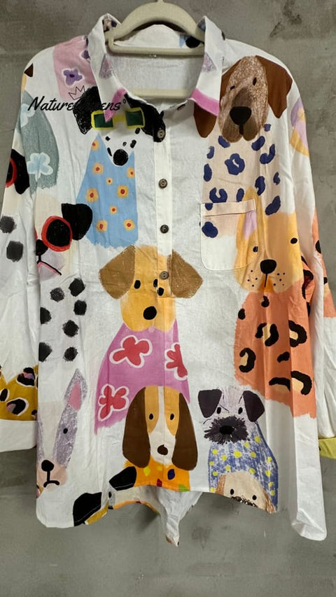 Women's Colorful Fun Cartoon Puppy Print Casual Cotton And Linen Shirt