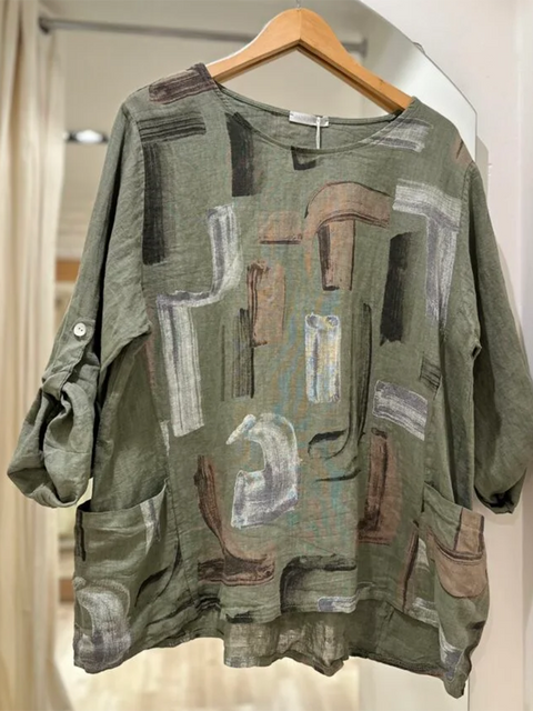 Brushstroke Print Linen Pocket Top
