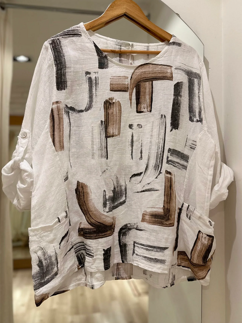 Brushstroke Print Linen Pocket Top