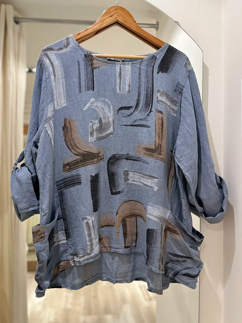 Brushstroke Print Linen Pocket Top