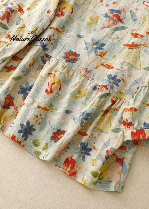 Italian Floral Wrinkled Button Patchwork Linen T Shirts Summer Short Sleeved Tops