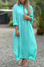 Long Sleeve Cardigan Cotton Linen Shirt Dress Light Blue / S