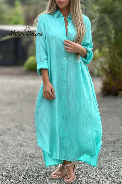 Long Sleeve Cardigan Cotton Linen Shirt Dress Light Blue / S