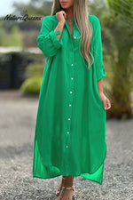 Long Sleeve Cardigan Cotton Linen Shirt Dress Green / S