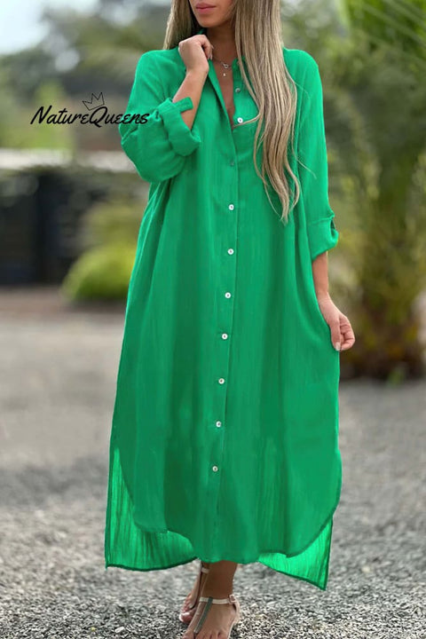 Long Sleeve Cardigan Cotton Linen Shirt Dress Green / S